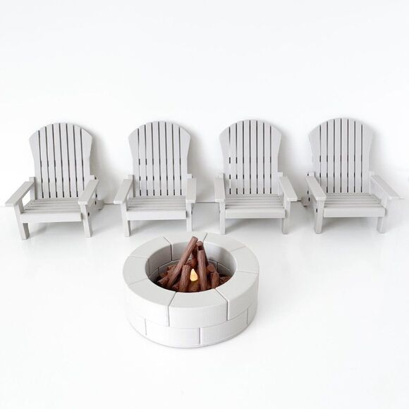 4 Beige Miniature Adirondack Chairs & Round Firepit W/Flickering Logs 1:6 Scale - Picture 4 of 7
